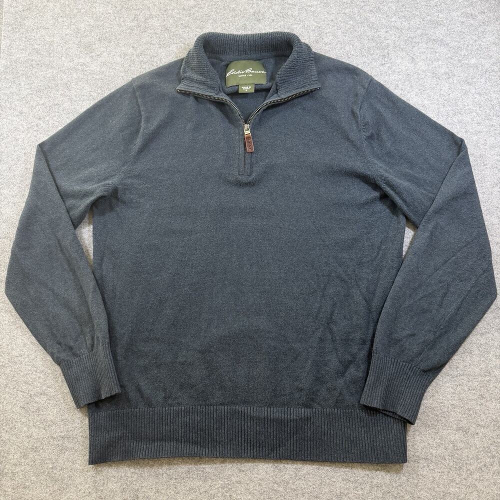 Eddie Bauer 1/4 Zip Sweater Mens M Blue Cashmere Blend Ribbed Knit Preppy